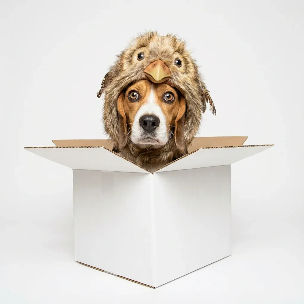 Beagle in koala plush hood costume