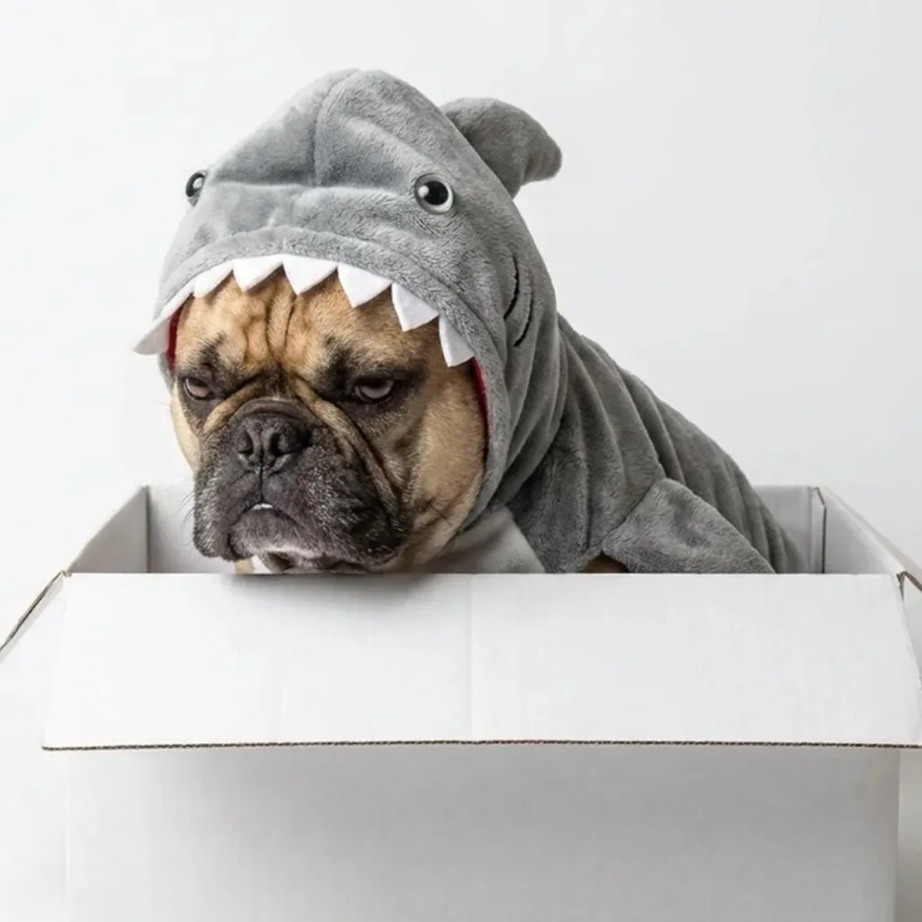 French Bulldog in shark plush hood costume