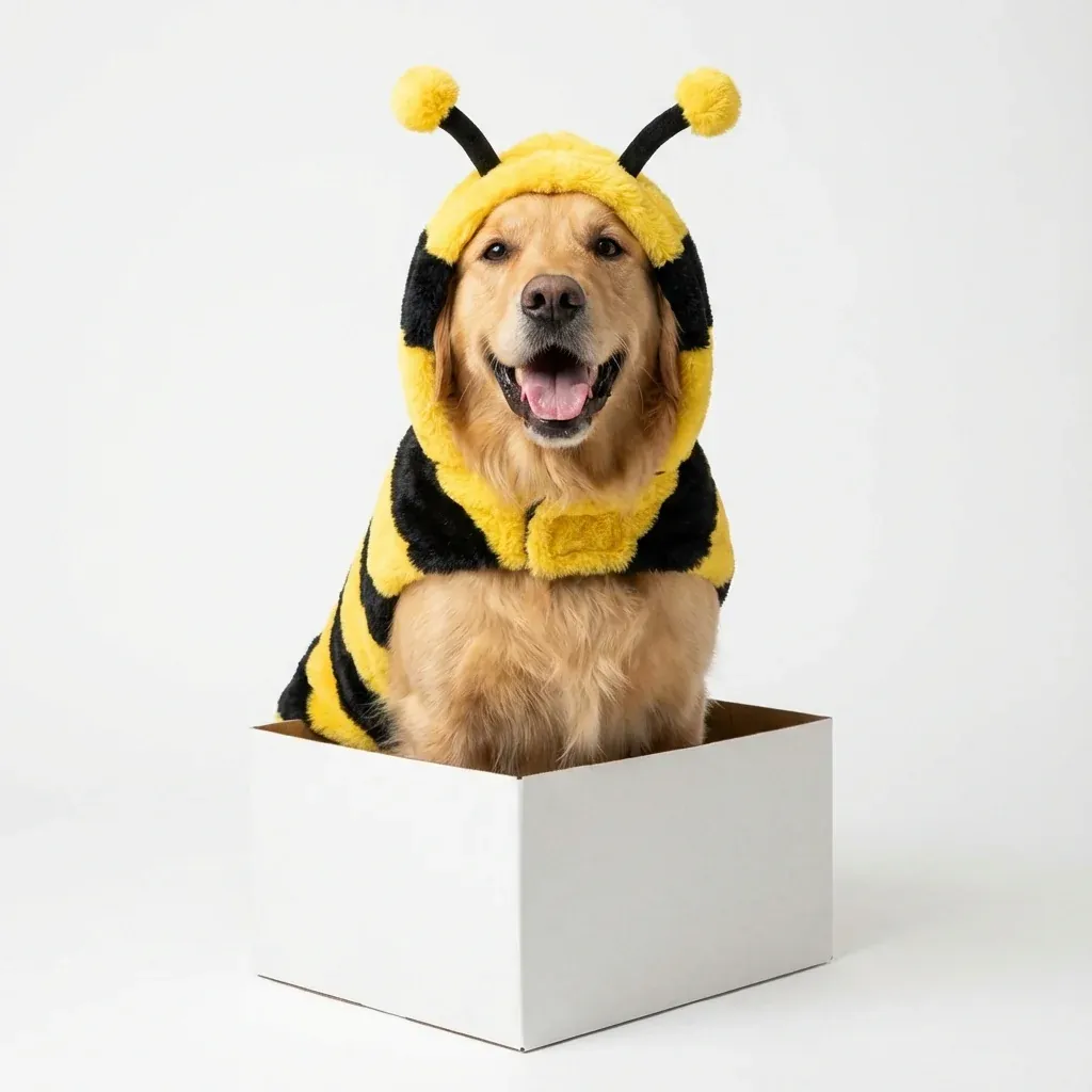 Golden Retriever in bee plush hood costume