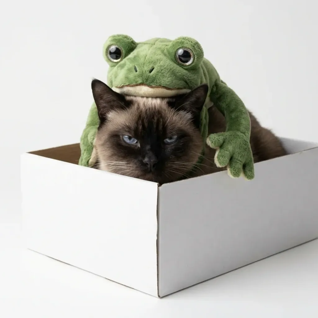 Siamese cat in frog plush hood costume